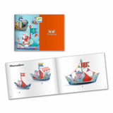 With brightly colored, coated paper boats designed to float on water after folding.