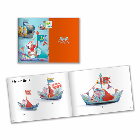 With brightly colored, coated paper boats designed to float on water after folding.