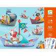 With brightly colored, coated paper boats designed to float on water after folding.