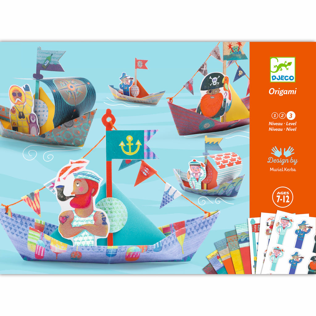 With brightly colored, coated paper boats designed to float on water after folding.