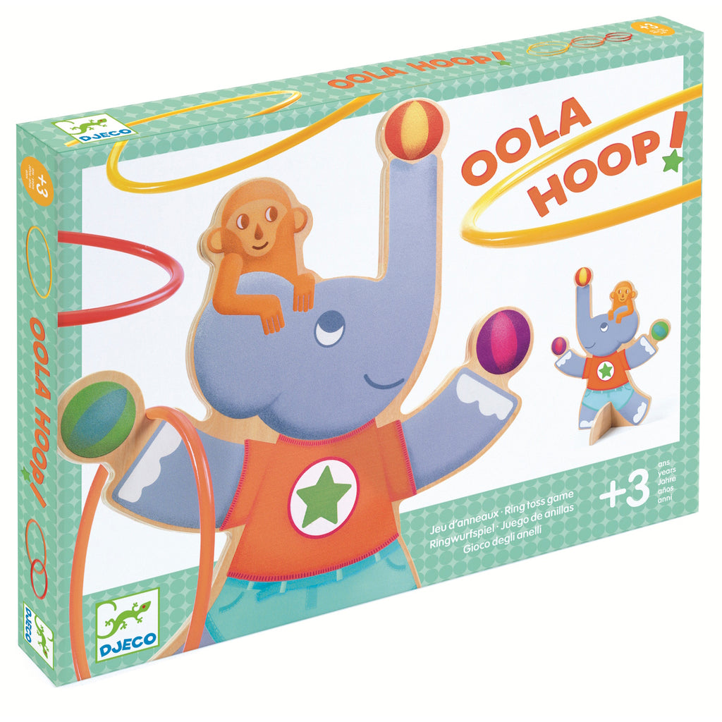 Toy packaging for "Oola Hoop" by Djeco, showing a playful elephant in a starry shirt balancing balls with a monkey on its trunk. Suitable for ages 3+.