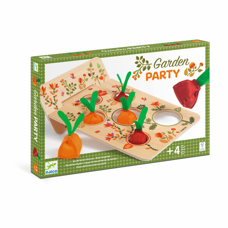Toy box for "Garden Party" bean bag toss game. Includes a wooden board with floral designs and carrot-shaped bean bags, suitable for ages 4 and up.