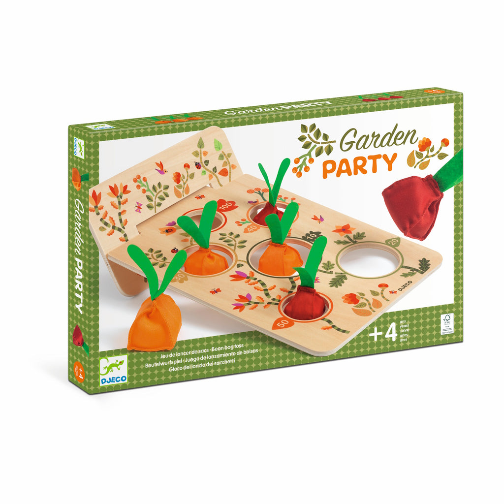 Toy box for "Garden Party" bean bag toss game. Includes a wooden board with floral designs and carrot-shaped bean bags, suitable for ages 4 and up.