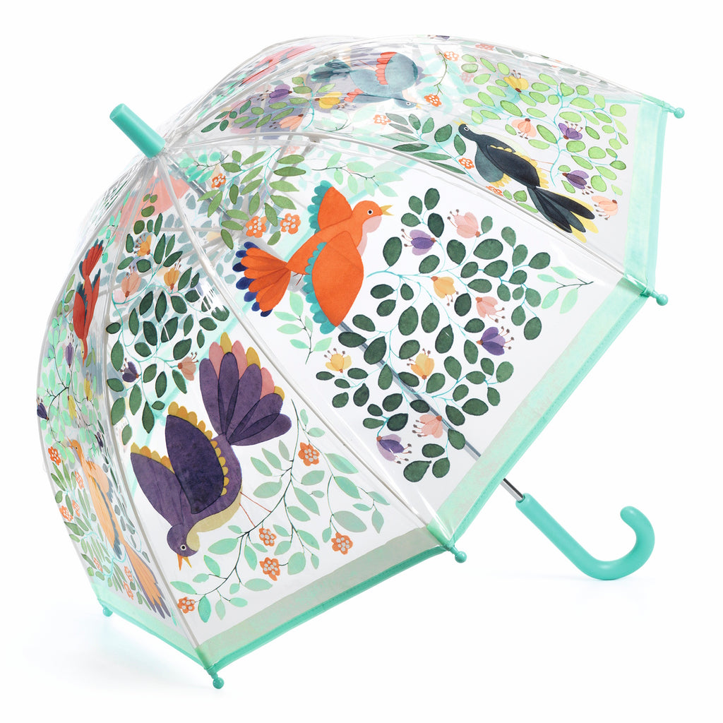 Clear umbrella with colorful bird and leaf illustrations. Features vibrant reds, purples, and greens, exuding a cheerful and whimsical tone.