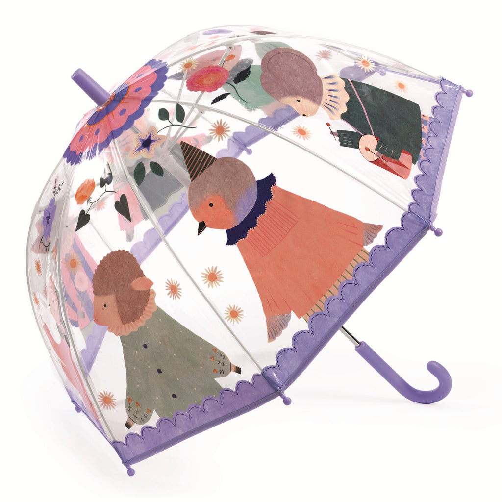 A clear umbrella with a purple handle features whimsical illustrations of animals in colorful clothing, surrounded by flowers and hearts, evoking a playful, cheerful vibe.