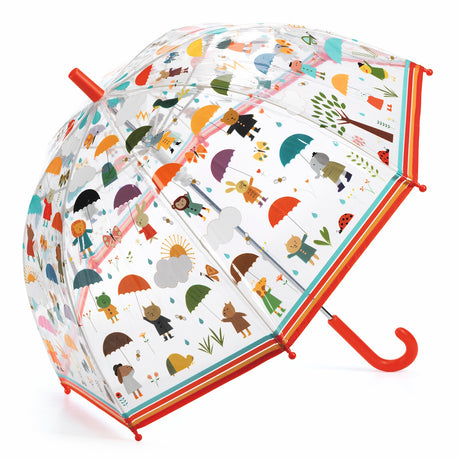 Featuring a transparent canopy adorned with playful illustrations of animals and characters under umbrellas, this umbrella offers both functionality and fun.
