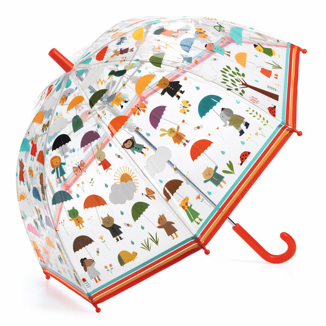Featuring a transparent canopy adorned with playful illustrations of animals and characters under umbrellas, this umbrella offers both functionality and fun.