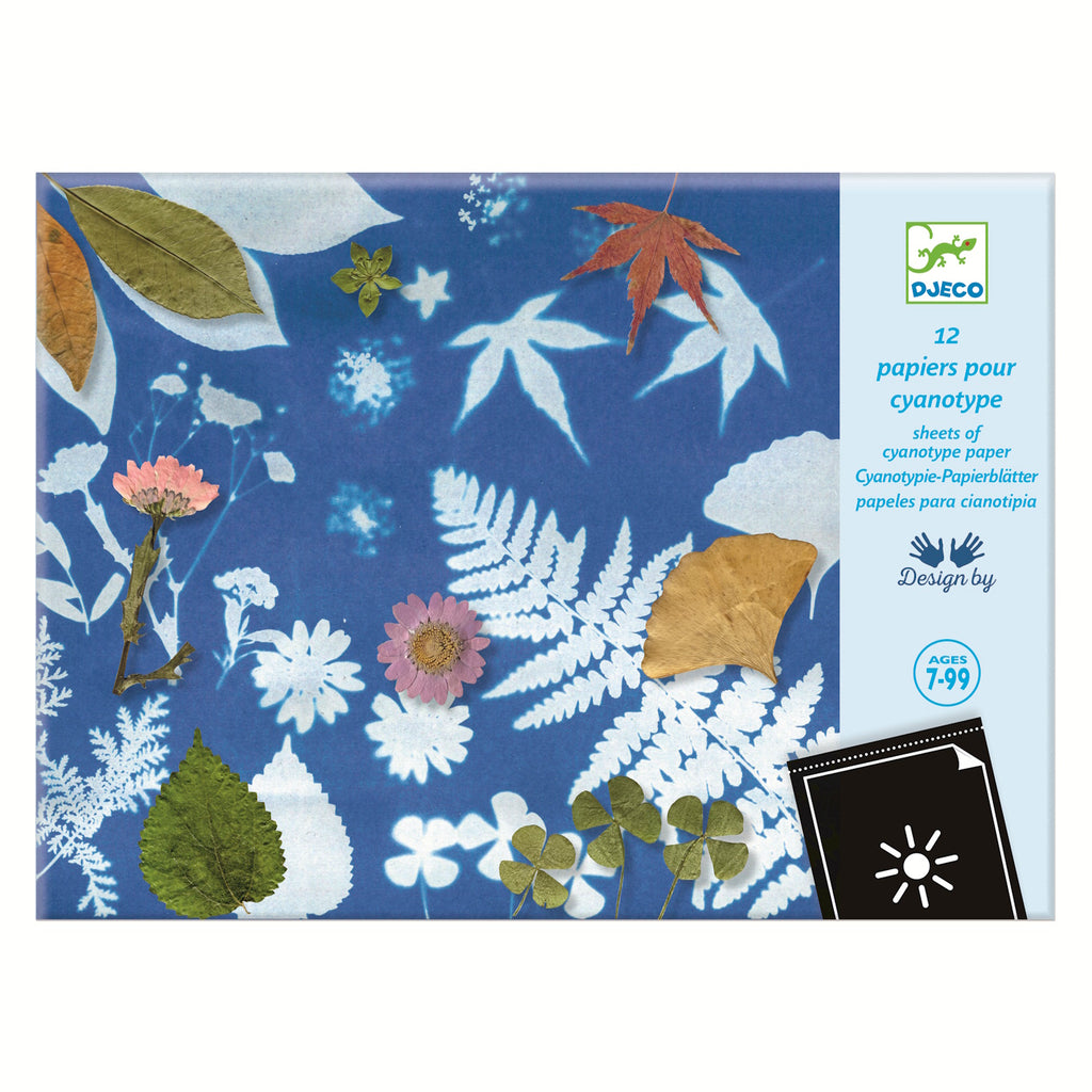 Cyanotype paper design featuring various leaves and flowers on a bright blue background, labeled for ages 7 and up.