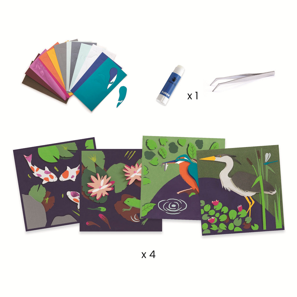 Four colorful paper cutouts depicting aquatic life: koi fish, water lilies, a frog, a heron, and a kingfisher in a serene water setting.