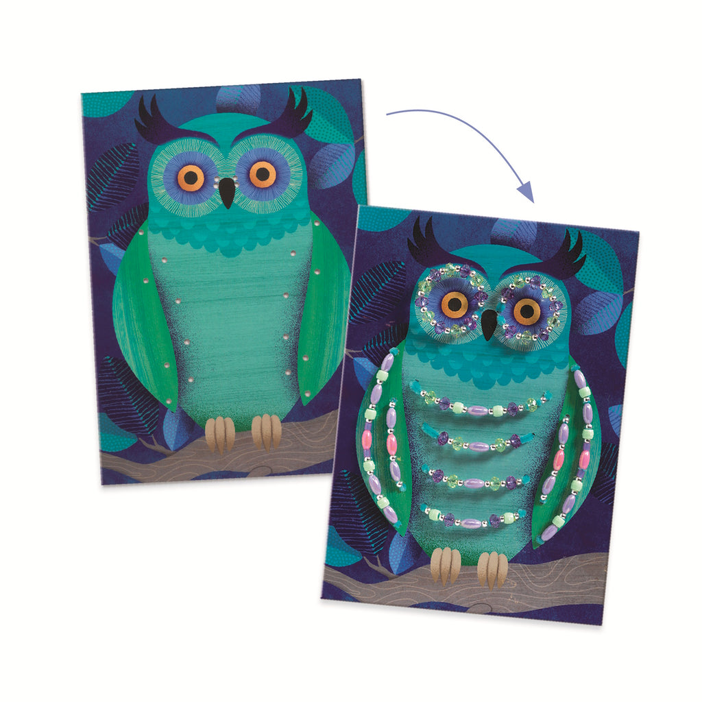 A whimsical owl illustration featuring vibrant colors and decorative beads, set against a dark blue and green background.
