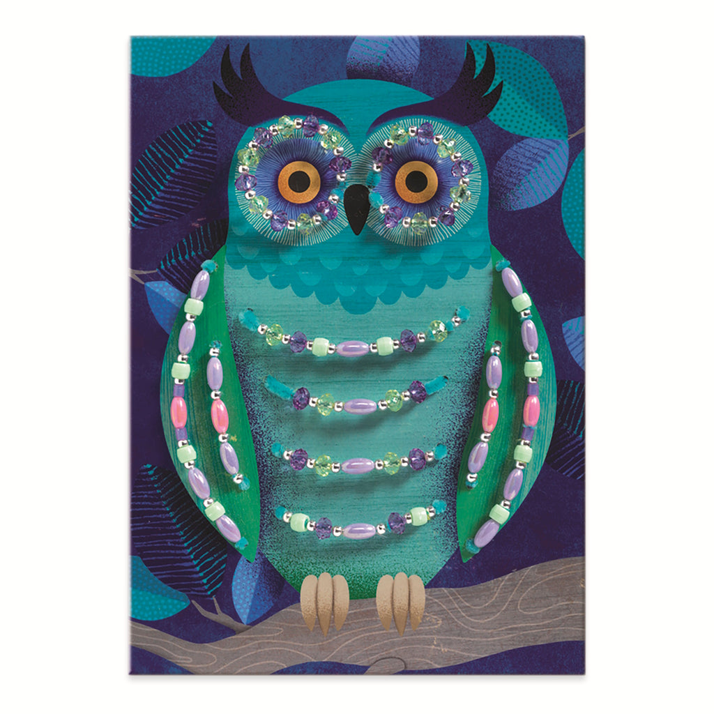 A whimsical owl illustration featuring vibrant colors and decorative beads, set against a dark blue and green background.
