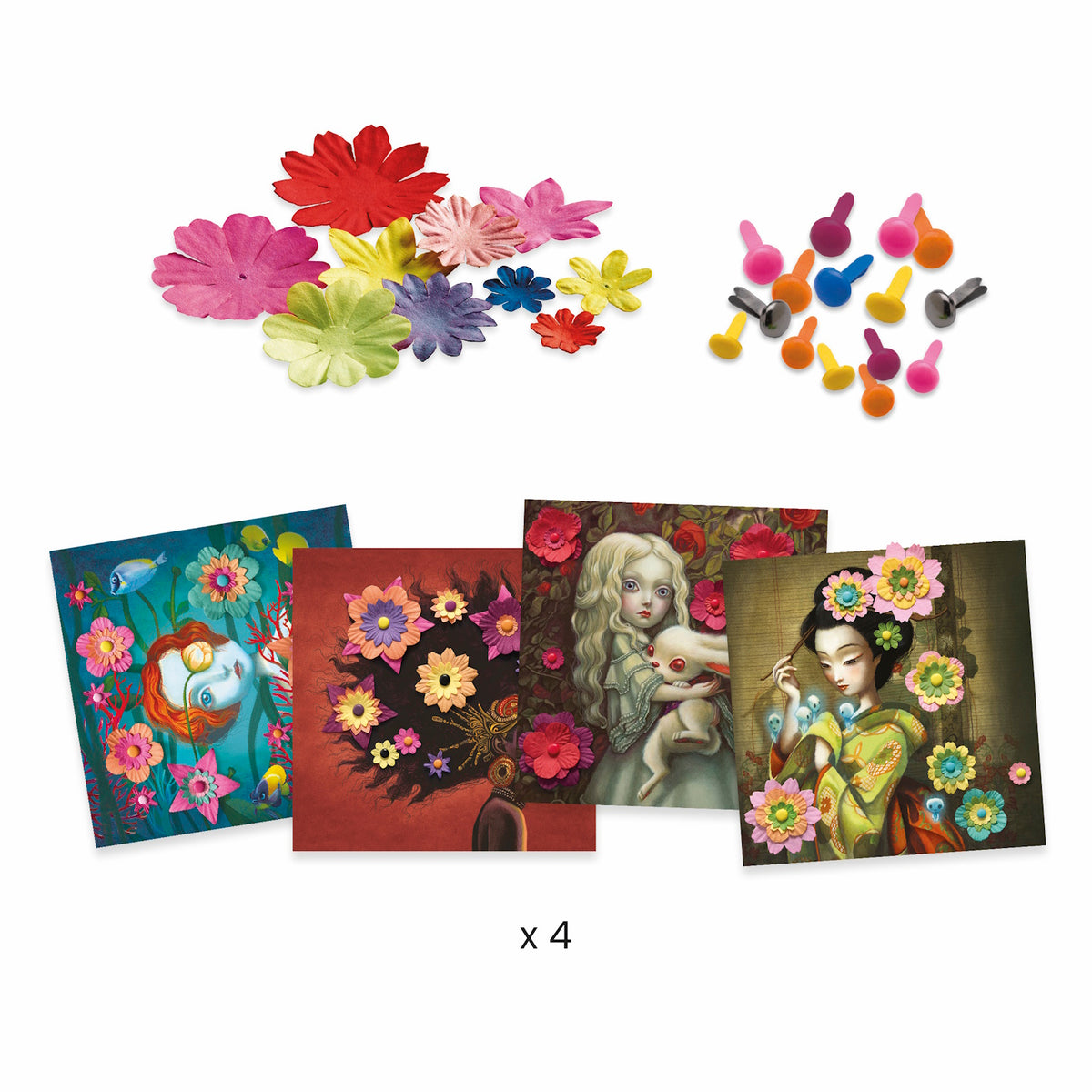 Four artistic portraits featuring vibrant flowers and whimsical elements, showcasing unique color palettes and enchanting designs.