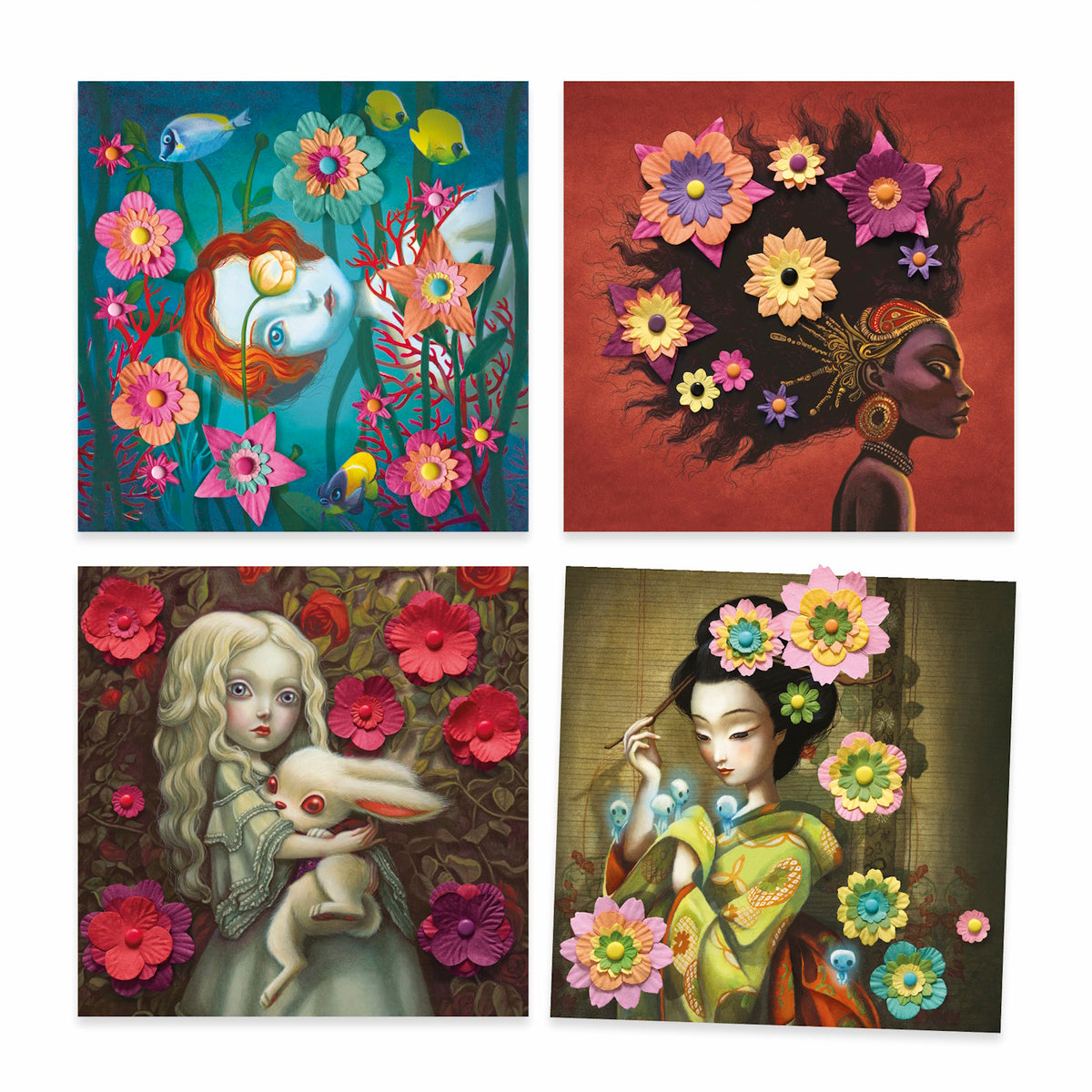 Four artistic portraits featuring vibrant flowers and whimsical elements, showcasing unique color palettes and enchanting designs.