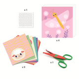 The set includes 9 illustrated sheets to cut out, 4 illustrated cards to decorate, 1 pair of crinkle-cut scissors (offering two different cutting styles), a sheet of double-sided stickers, and a step-by-step instruction booklet.