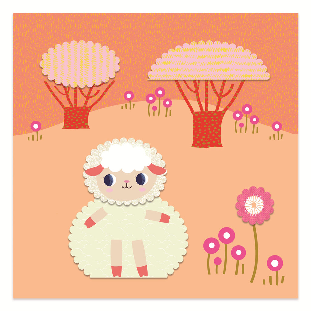 The set includes 9 illustrated sheets to cut out, 4 illustrated cards to decorate, 1 pair of crinkle-cut scissors (offering two different cutting styles), a sheet of double-sided stickers, and a step-by-step instruction booklet.