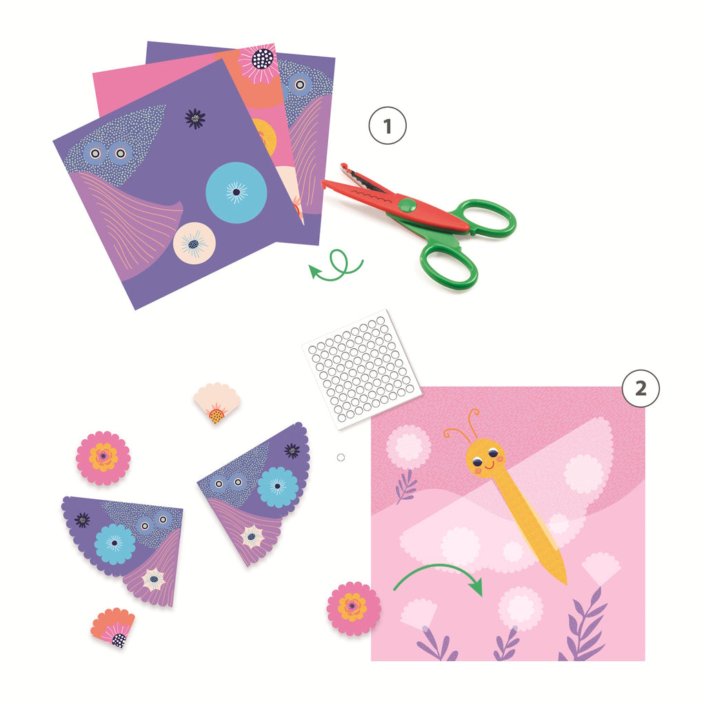 The set includes 9 illustrated sheets to cut out, 4 illustrated cards to decorate, 1 pair of crinkle-cut scissors (offering two different cutting styles), a sheet of double-sided stickers, and a step-by-step instruction booklet.