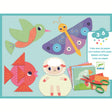 The set includes 9 illustrated sheets to cut out, 4 illustrated cards to decorate, 1 pair of crinkle-cut scissors (offering two different cutting styles), a sheet of double-sided stickers, and a step-by-step instruction booklet.