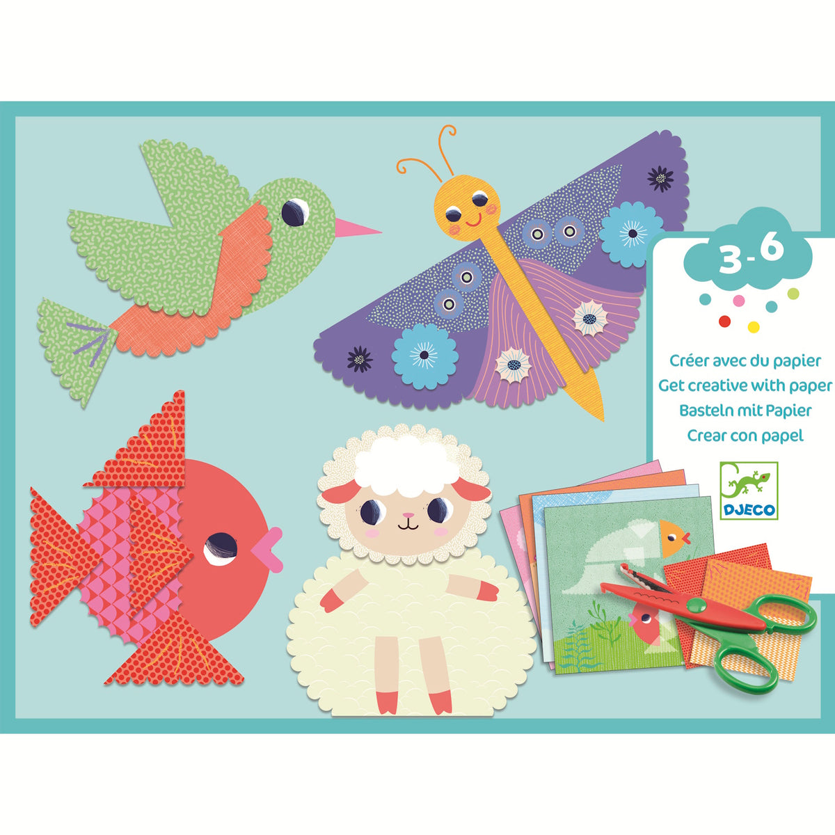The set includes 9 illustrated sheets to cut out, 4 illustrated cards to decorate, 1 pair of crinkle-cut scissors (offering two different cutting styles), a sheet of double-sided stickers, and a step-by-step instruction booklet.