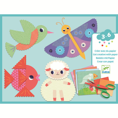 The set includes 9 illustrated sheets to cut out, 4 illustrated cards to decorate, 1 pair of crinkle-cut scissors (offering two different cutting styles), a sheet of double-sided stickers, and a step-by-step instruction booklet.
