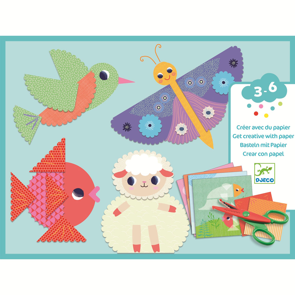 The set includes 9 illustrated sheets to cut out, 4 illustrated cards to decorate, 1 pair of crinkle-cut scissors (offering two different cutting styles), a sheet of double-sided stickers, and a step-by-step instruction booklet.