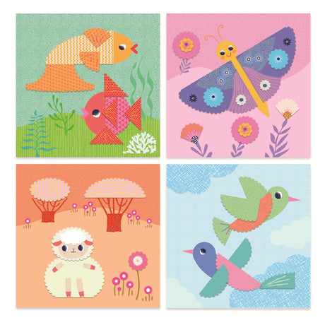 The set includes 9 illustrated sheets to cut out, 4 illustrated cards to decorate, 1 pair of crinkle-cut scissors (offering two different cutting styles), a sheet of double-sided stickers, and a step-by-step instruction booklet.