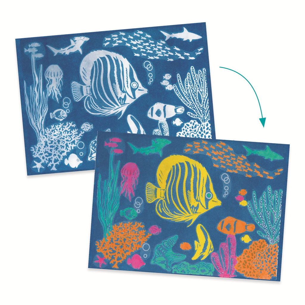 Colorful underwater scene featuring a turtle, fish, and coral, showcasing the Cyanotype craft kit by Djeco.