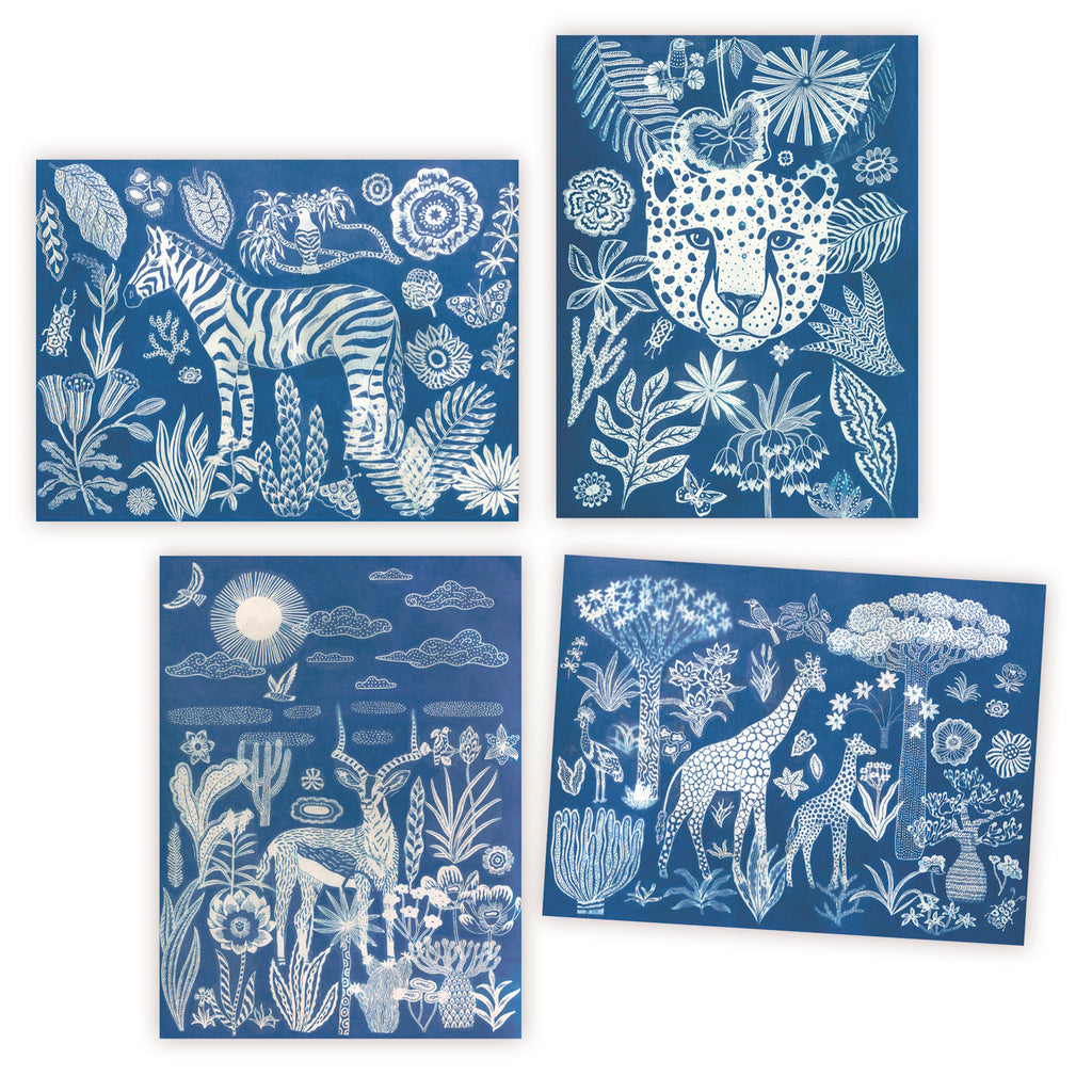 Four blue-toned illustrations featuring animals like a zebra, leopard, and giraffes, surrounded by intricate floral designs.