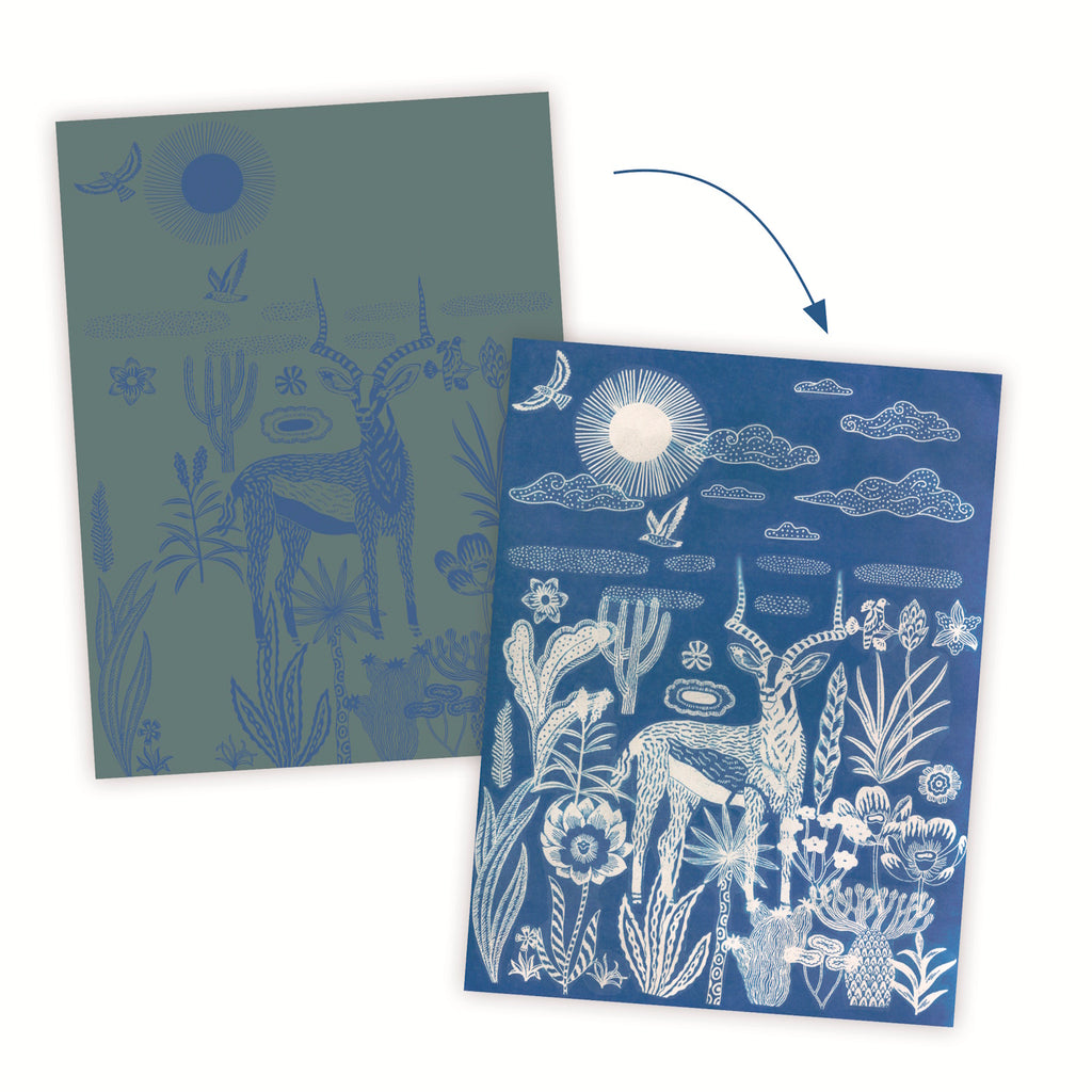Four blue-toned illustrations featuring animals like a zebra, leopard, and giraffes, surrounded by intricate floral designs.