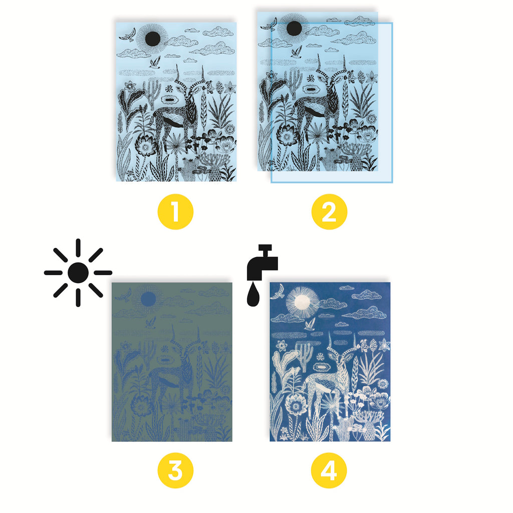 Four blue-toned illustrations featuring animals like a zebra, leopard, and giraffes, surrounded by intricate floral designs.