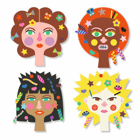 The set includes four pre-printed paper sheets, over 300 stickers, and a pair of child-friendly scissors.