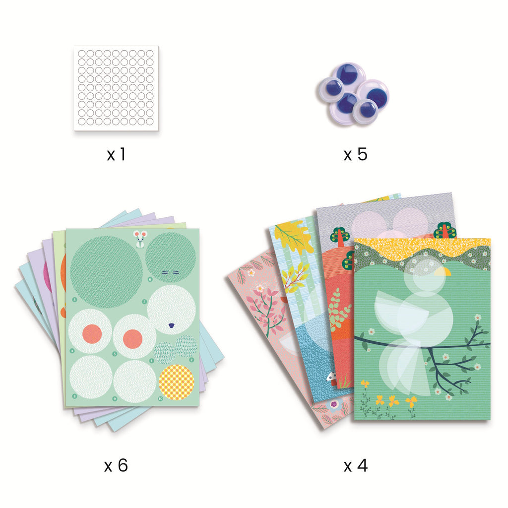 The set includes 4 illustrated cards, 6 sheets of pre-cut illustrated paper circles in various sizes, 5 googly eyes, and a sheet of double-sided adhesive stickers.