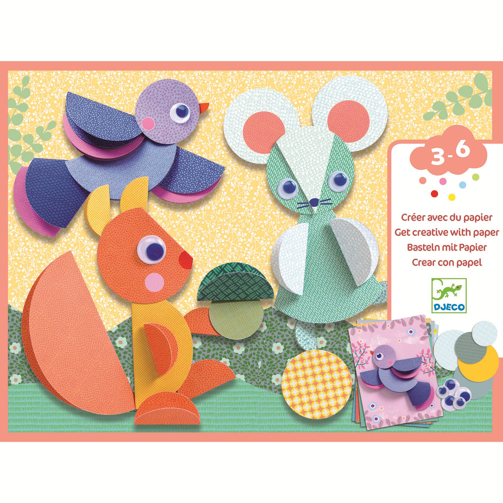 The set includes 4 illustrated cards, 6 sheets of pre-cut illustrated paper circles in various sizes, 5 googly eyes, and a sheet of double-sided adhesive stickers.