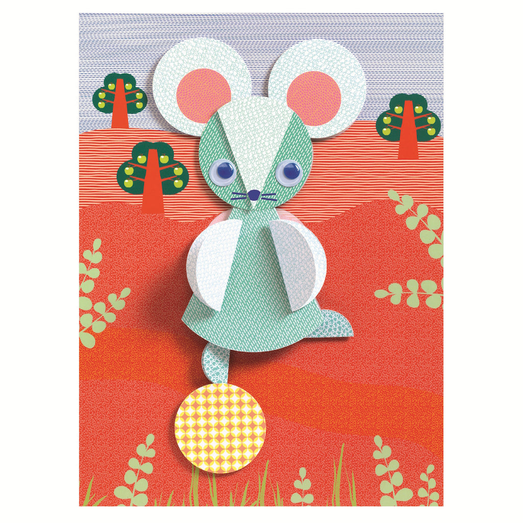 The set includes 4 illustrated cards, 6 sheets of pre-cut illustrated paper circles in various sizes, 5 googly eyes, and a sheet of double-sided adhesive stickers.