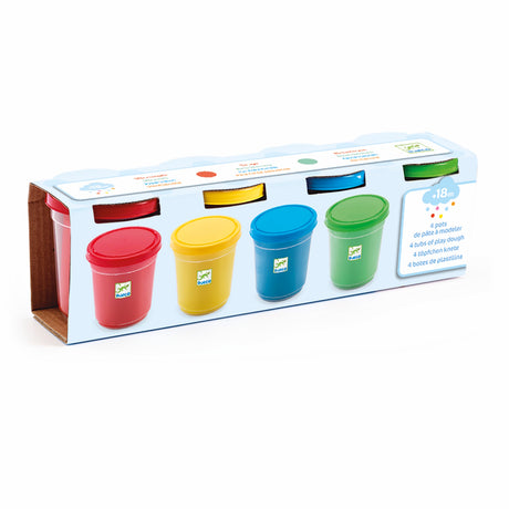 Four tubs of play dough in red, yellow, blue, and green, packaged in a cardboard box labeled for children 18 months and older.