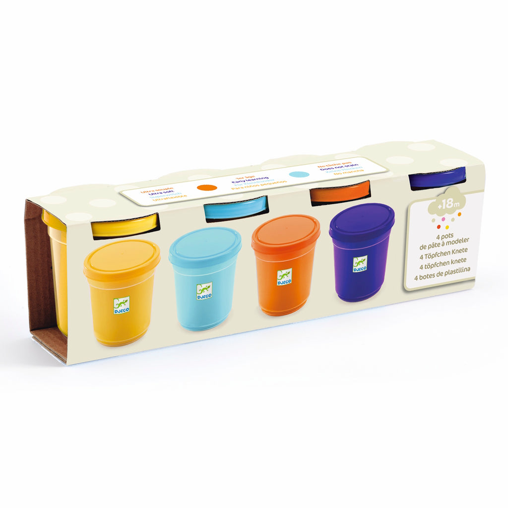 Four 140g tubs of ultra-soft, non-sticky, and non-crumbling play dough in nature-inspired colors: orange, light blue, yellow, and dark blue.