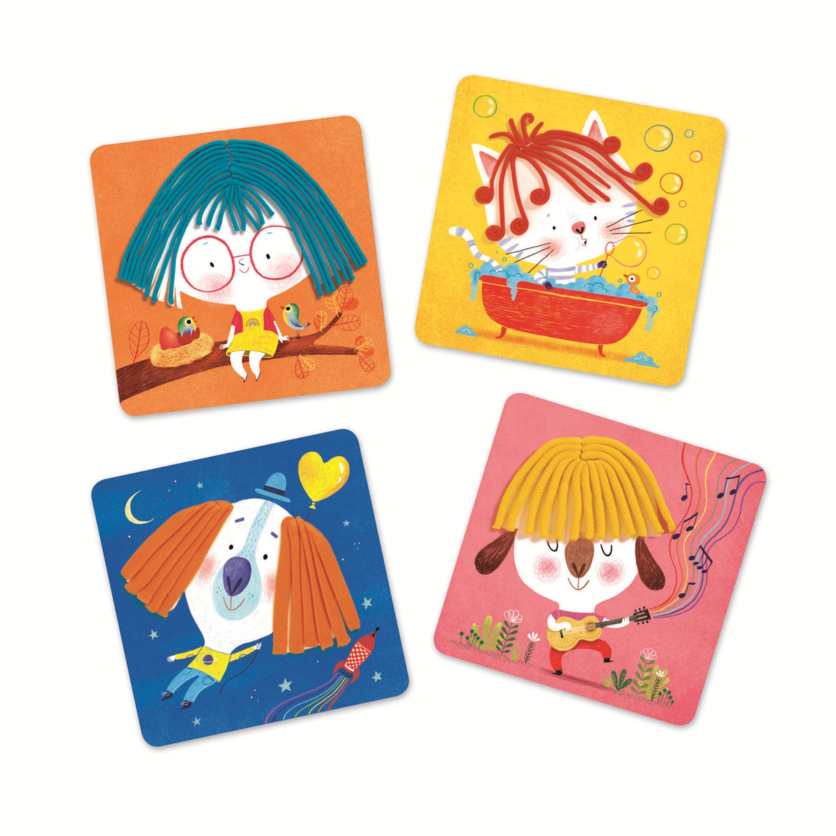 Four colorful illustrations of playful characters: a girl with birds, a cat in a bath, a dog with a rocket, and a sheep playing guitar.