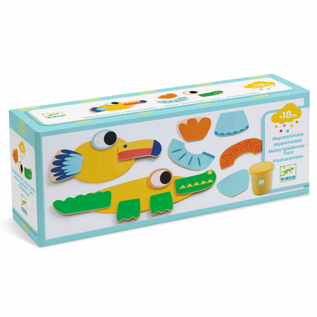 The set includes ultra-soft, non-sticky modeling dough and large, easy-to-grip wooden pieces.​