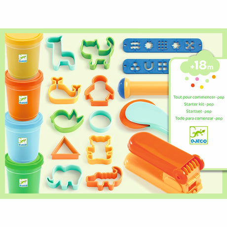 The kit includes four pots of ultra-soft, scented play dough in yellow, green, orange, and blue, each containing 140g. It also features 15 sturdy accessories tailored for little hands, such as a press, pattern templates, a cutter, a rolling pin, and 12 shaped cutters.​