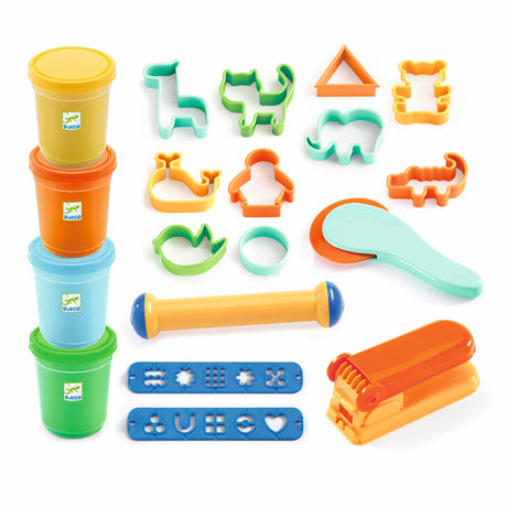 The kit includes four pots of ultra-soft, scented play dough in yellow, green, orange, and blue, each containing 140g. It also features 15 sturdy accessories tailored for little hands, such as a press, pattern templates, a cutter, a rolling pin, and 12 shaped cutters.​