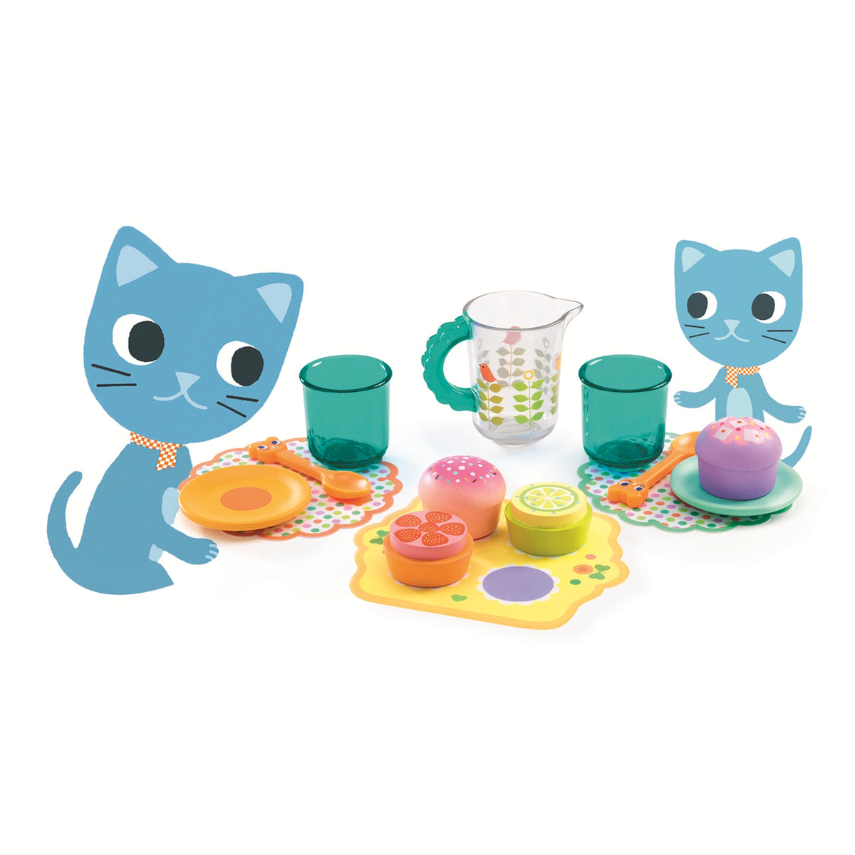 The set includes 14 pieces: 4 pastries, 2 cups, 2 teaspoons, 2 small plates, 3 placemats, and 1 jug.