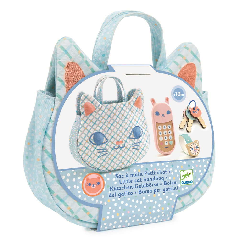 Inside, you'll find essential accessories for pretend play: a wooden watch with an elastic strap, a phone with a rabbit-themed case, and a set of three keys.​