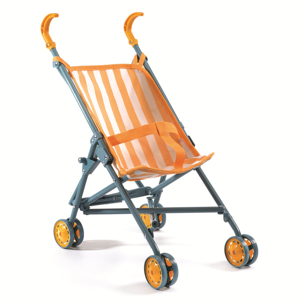 Toy doll stroller with a gray frame, orange-striped fabric seat, and yellow plastic handlebars and wheels, evoking a playful, cheerful vibe.