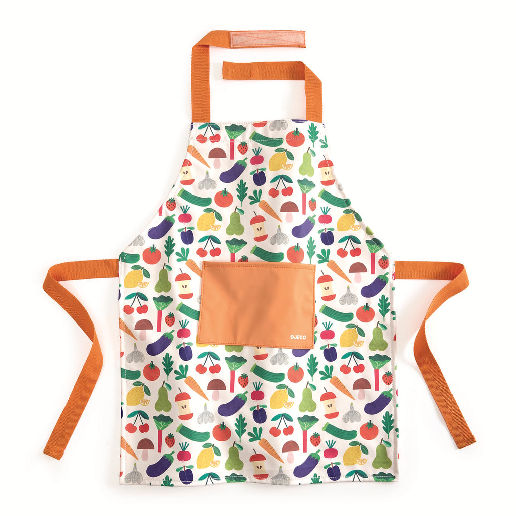 Colorful children's apron featuring playful illustrations of fruits and vegetables, with an orange pocket and straps in a white background.