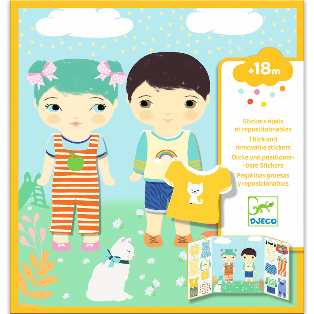 Illustrated box cover shows two children in colorful clothing with a cat and floral background. Promotes thick, removable stickers for ages 18 months+.