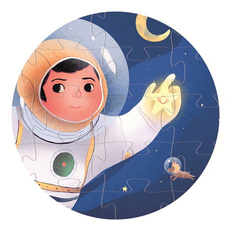 A colorful puzzle featuring an astronaut floating in space alongside a playful cat, set against a vibrant blue cosmic backdrop.