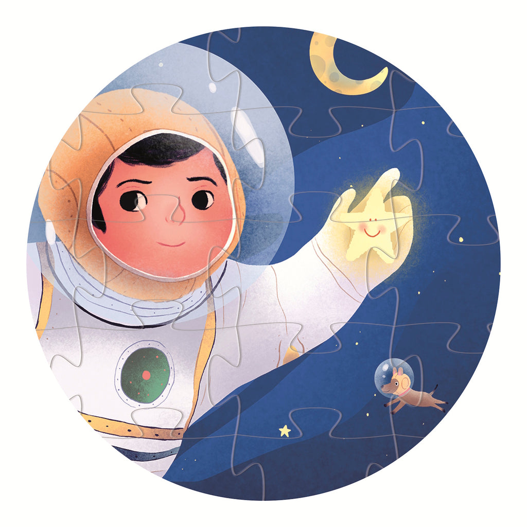 A colorful puzzle featuring an astronaut floating in space alongside a playful cat, set against a vibrant blue cosmic backdrop.