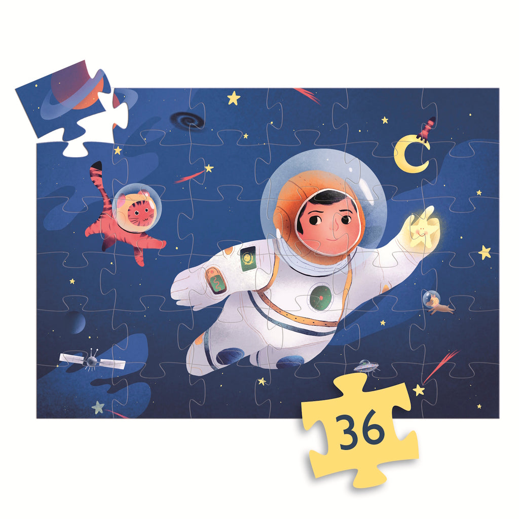 A colorful puzzle featuring an astronaut floating in space alongside a playful cat, set against a vibrant blue cosmic backdrop.