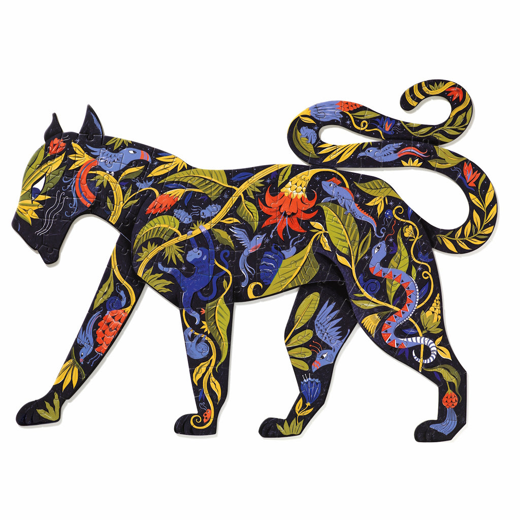 Colorful panther silhouette art, filled with vibrant jungle patterns: red flowers, yellow leaves, and blue vines, conveying a lively, exotic feel.
