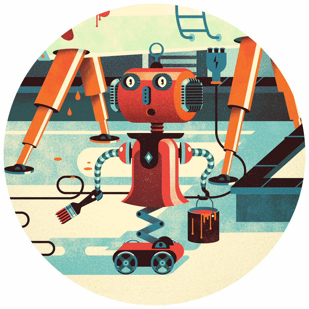 A 36-piece jigsaw puzzle titled "Bob the Robot" by Djeco, featuring a whimsical illustration of a robot painting in outer space.