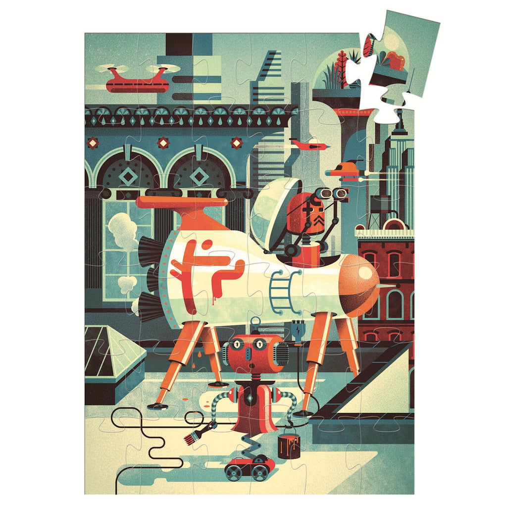A 36-piece jigsaw puzzle titled "Bob the Robot" by Djeco, featuring a whimsical illustration of a robot painting in outer space.